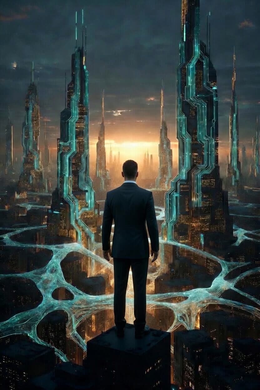 Silhouette of an entrepreneur overlooking a futuristic AI-powered cityscape with glowing teal neural network pathways and gold circuit architecture at dawn, representing strategic brand design for entrepreneurs in the age of artificial intelligence