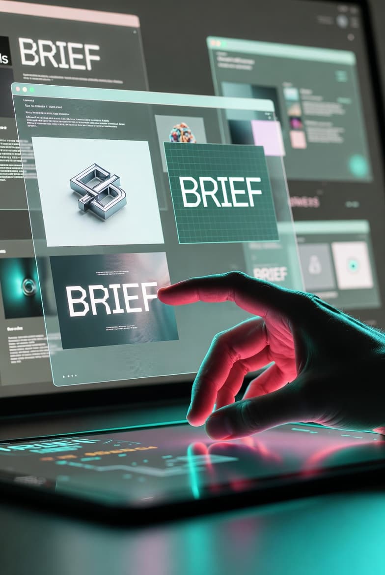 Designer's hand interacting with digital brand brief documents and creative assets on a screen, showing the modern design briefing process for strategic brand projects