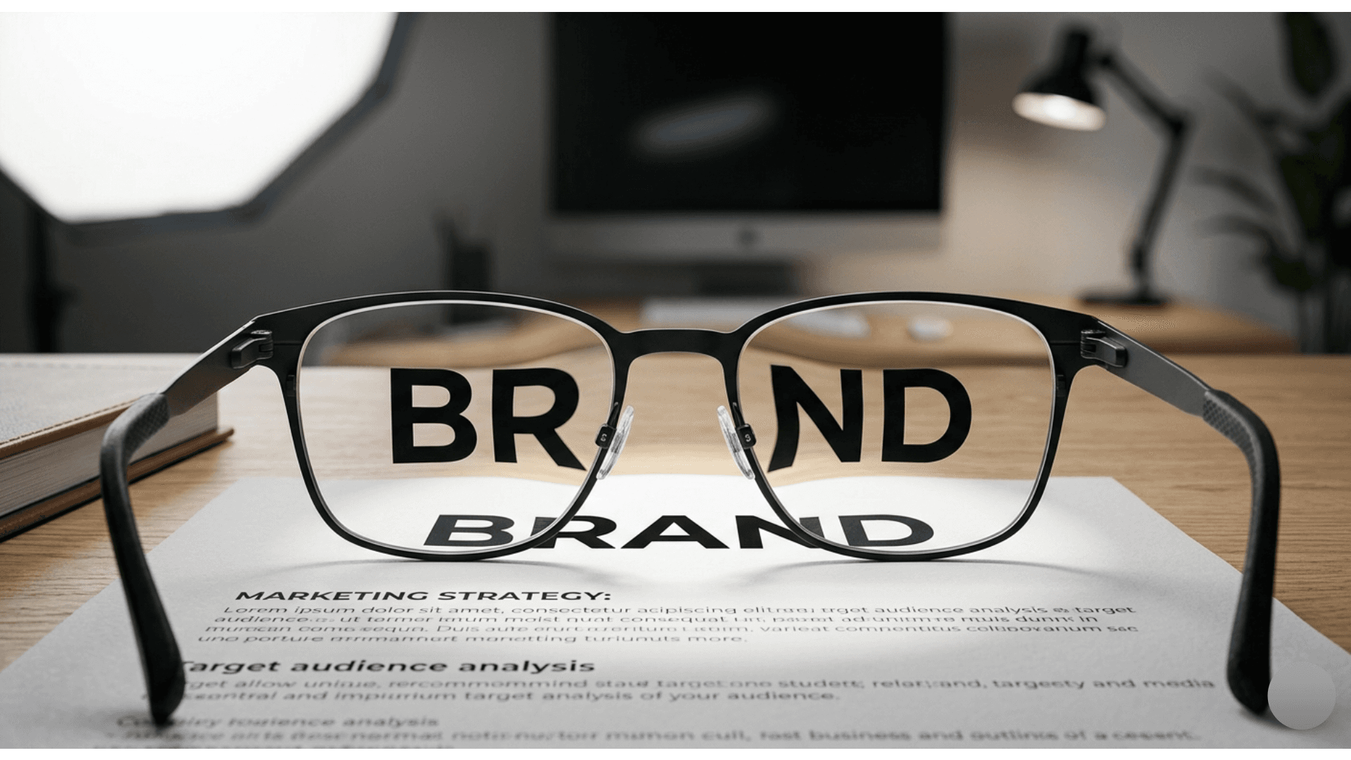 Glasses with thin black frames placed on a 'Marketing Strategy' document, bringing the word 'BRAND' into sharp focus. Visual metaphor for clear brand vision and strategic focus. Blurry home office desk with a monitor and lamp in the background.