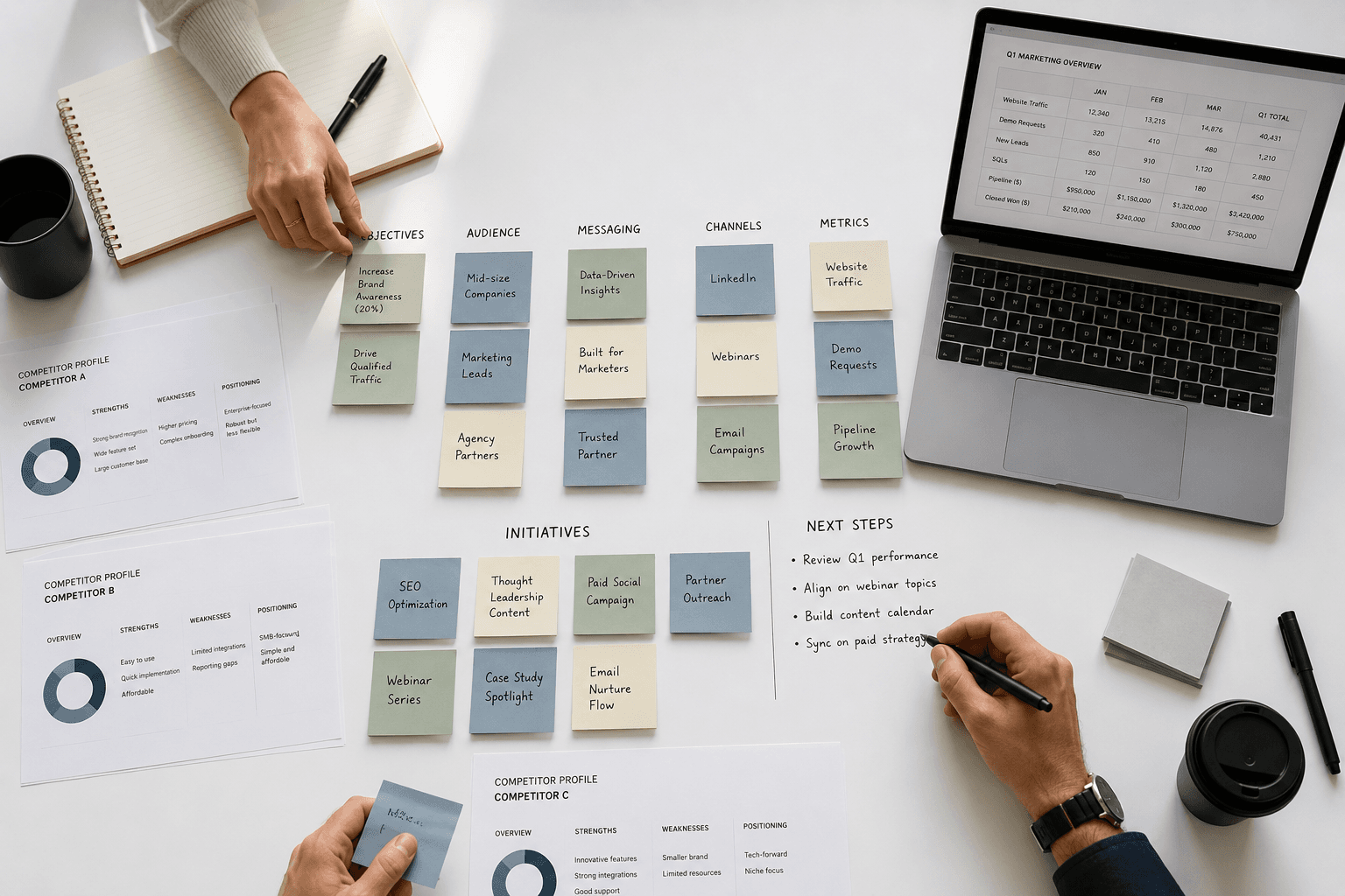 Top-down view of a collaborative strategy session on a large white table. The table is covered with organized sticky notes in muted, sophisticated colors like slate blue, sage green, and cream. Next to the sticky notes are printed competitor profiles and a sleek laptop showing a simple spreadsheet. The scene feels deliberate, organized, and analytical. Photorealistic, bright commercial lighting.