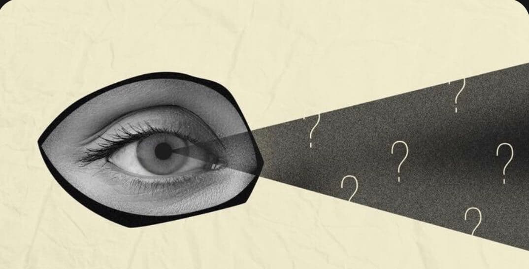Black-and-white eye illustration on cream background, with a beam of light extending outward filled with scattered white question marks, symbolizing uncertainty in self-perception