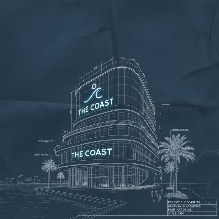 Blueprint rendering of The Coast HQ — architectural blueprint with dimension lines and palm trees (visionary concept only, not an actual building).