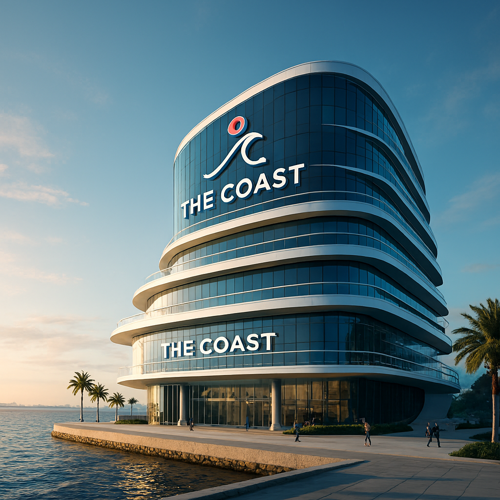 Conceptual rendering of The Coast HQ by day — futuristic waterfront architecture with blue sky and palm trees (visionary concept only, not an actual building).