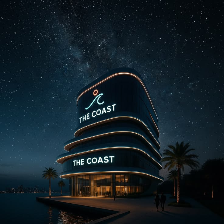 Conceptual rendering of The Coast HQ at night — futuristic waterfront architecture with starry sky (visionary concept only, not an actual building).